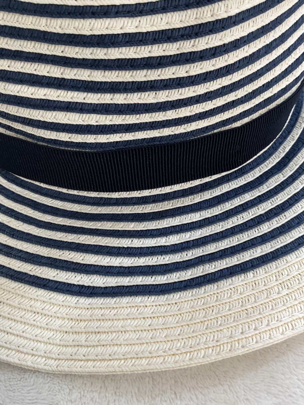 J.Crew Factory Straw Fedora Hat Navy Stripe Wide Brim M/L Summer - Picture 3 of 9
